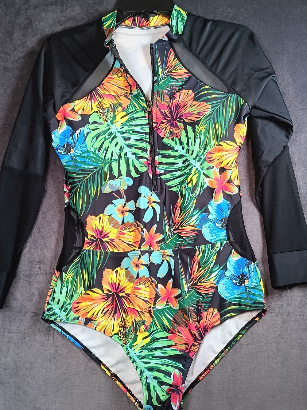 Long-Sleeve Tropical Floral One-Piece Swimsuit - Black Multicolor